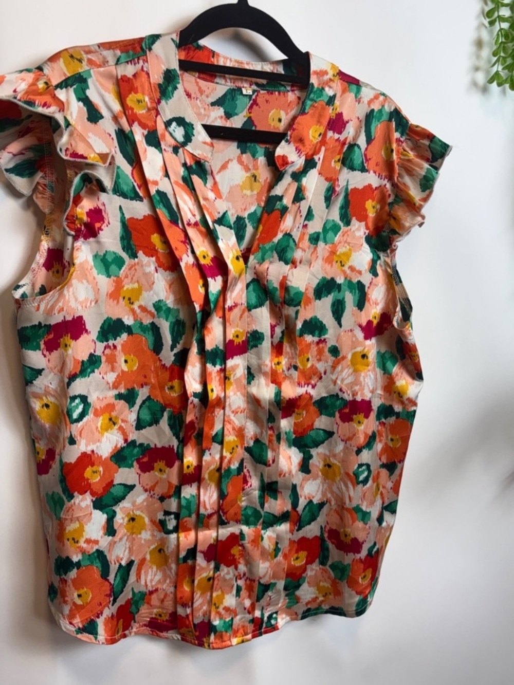 Peach Floral Ruffle-Sleeve Blouse with Multicoloured Accents